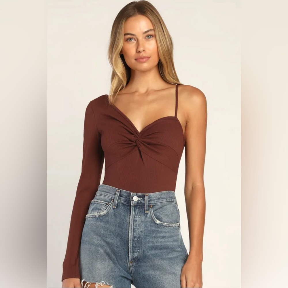 Brown Ribbed Knit One-Shoulder Bodysuit